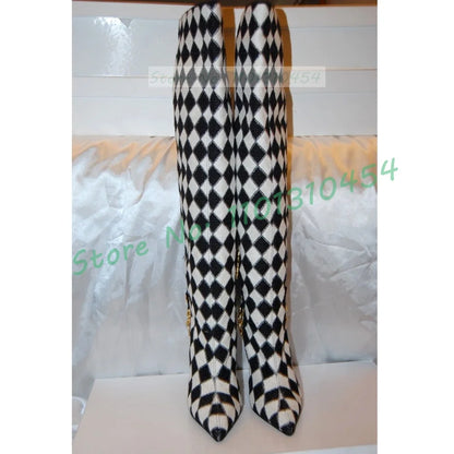 Black-white Checkered Knee-high Boots Women Stylish Gold Chain