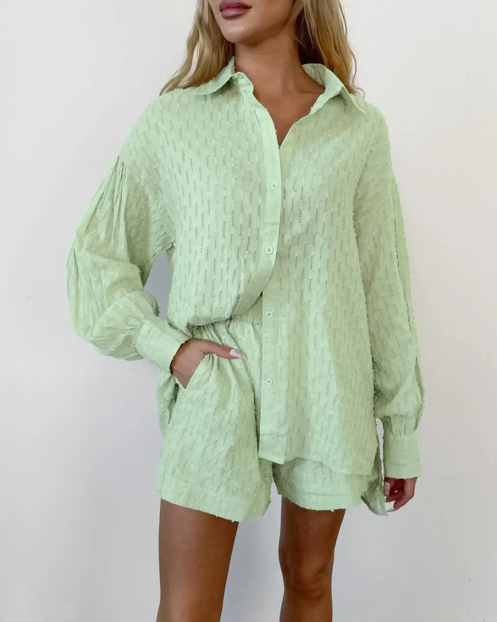 Elegant Jacquard Solid Color Shirt & Shorts Two-Piece Set