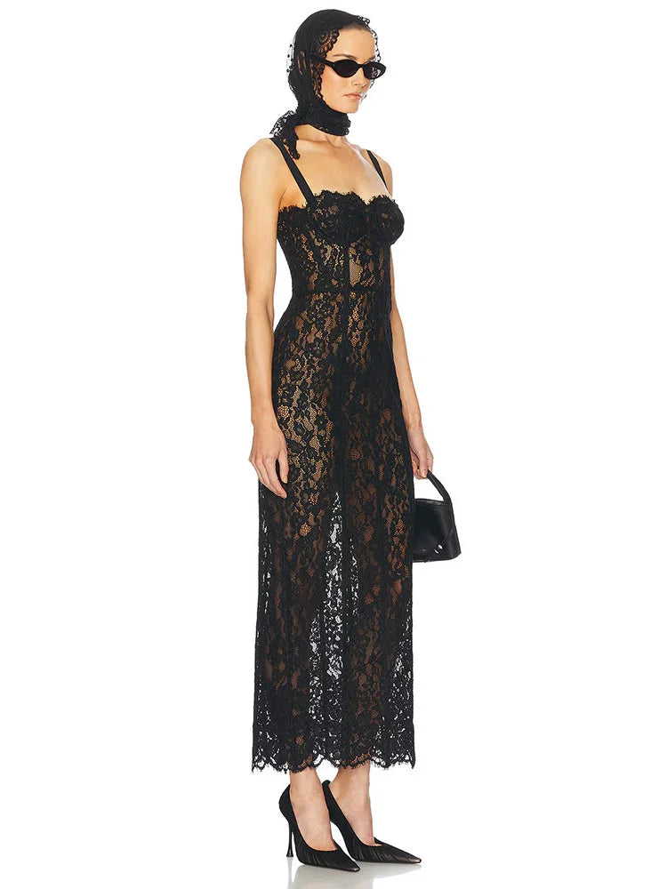 Sexy Spaghetti Strap V Neck Lace Long Dress Women Black Floral Lace Sleeveless Bodycon Dresses Elegant Evening Celebrity Party - Shellss
