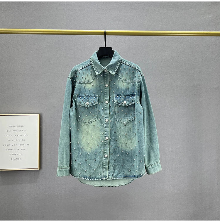 Denim Rhinestones Mid-length Shirt