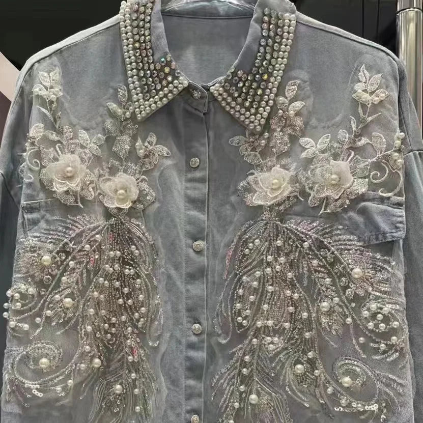 Diamonds Pearls Beaded Embroidery Denim Shirts