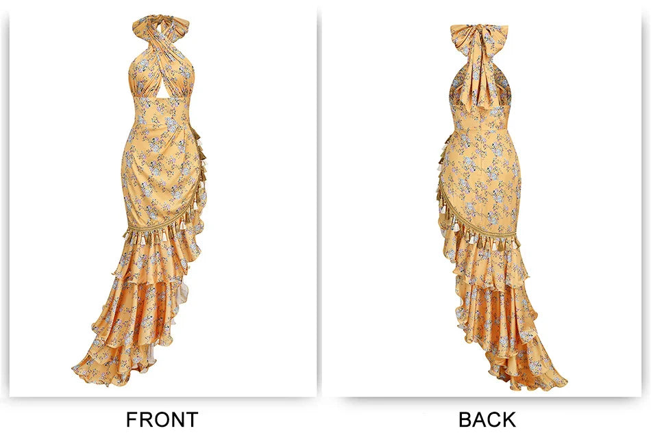 Beautiful Yellow Neck Fringe Floral Skirt Sexy Sleeveless Dress