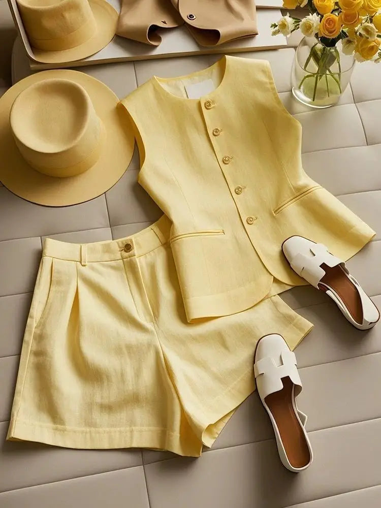 Yellow Vest High Waist Shorts Set