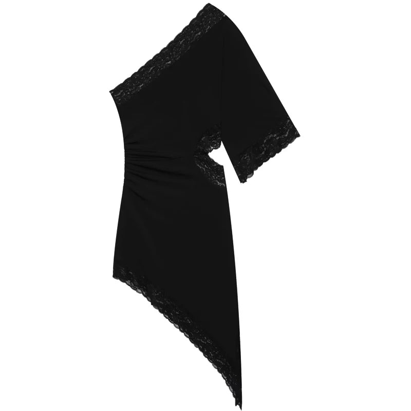 HXAO Black Asymmetric Lace Dresses Women's Dress Summer 2026 Sexy Midi Off Shoulder Cut Out Ruched Vestido Chic Evening Dresses