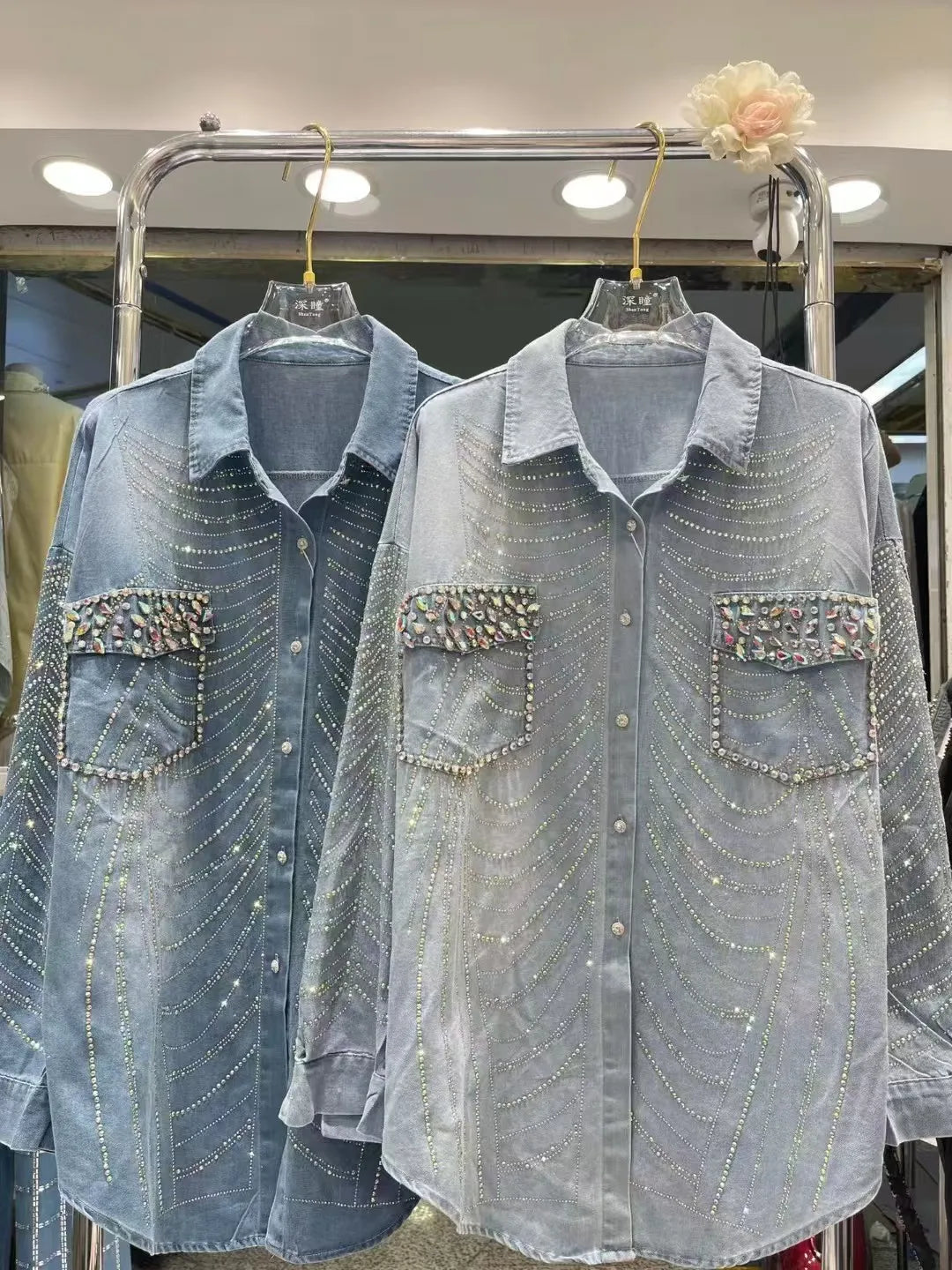 Sparkle Diamonds Loose Trend Casual Denim Shirts