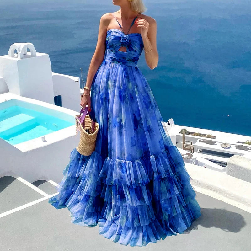 Long chiffon ruffle dress