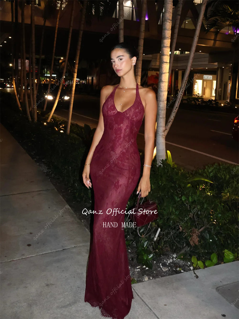 Qanz Modern Lace Appliques Evening Dresses Mermaid Burgundy Wedding Guest Dress Backless Vestidos Feminino Elegante Customized