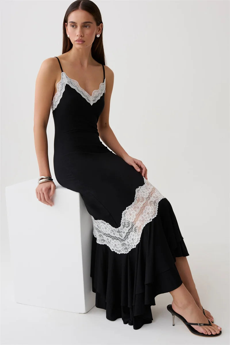 Mozision Women Spaghetti Strap V‑Neck Sexy Midi Dress Contrast White Lace Patchwork Ruffle Hem Bodycon Party Evening Dresses
