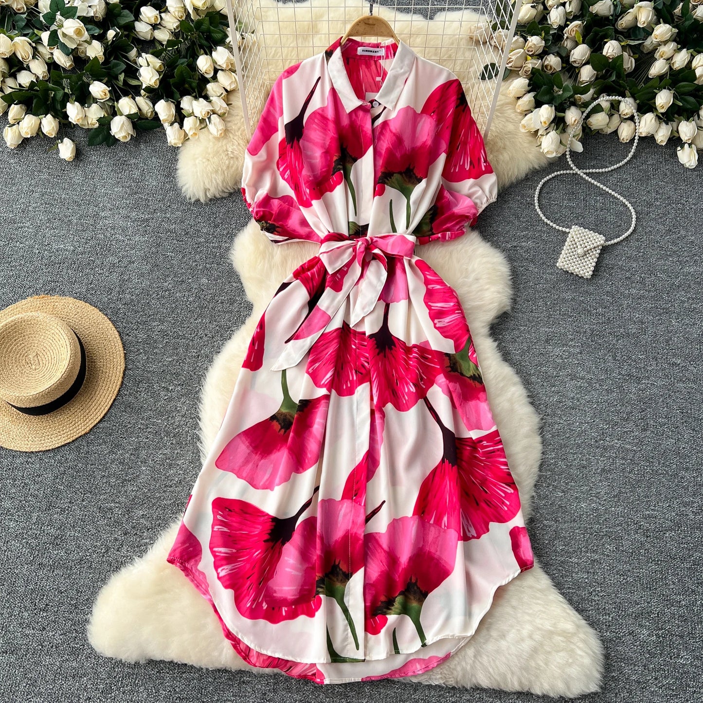 Vintage Satin Floral Pink Red