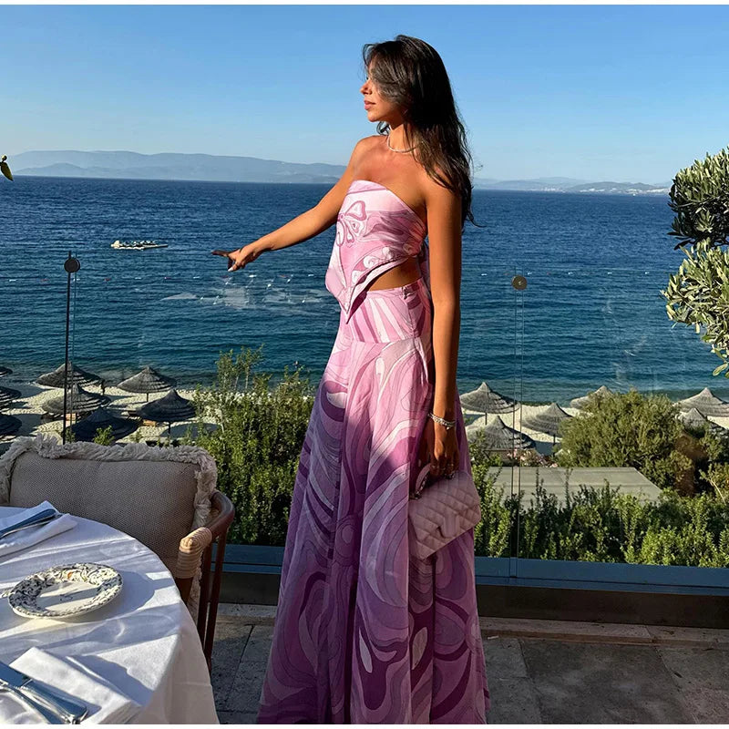 Printed Strapless Pink Skirt Set