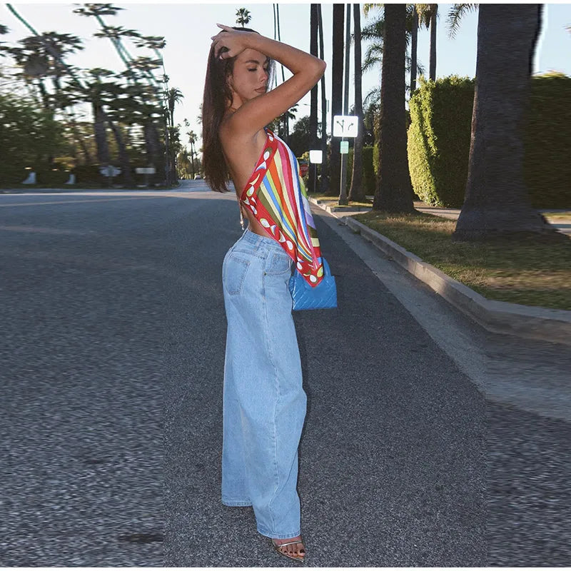 Fashion Printed Halter Vest Skirts Sets Women's Sleeveless Backless Tops Floor-length Skirt 2025 Summe New Beach Vacation suit