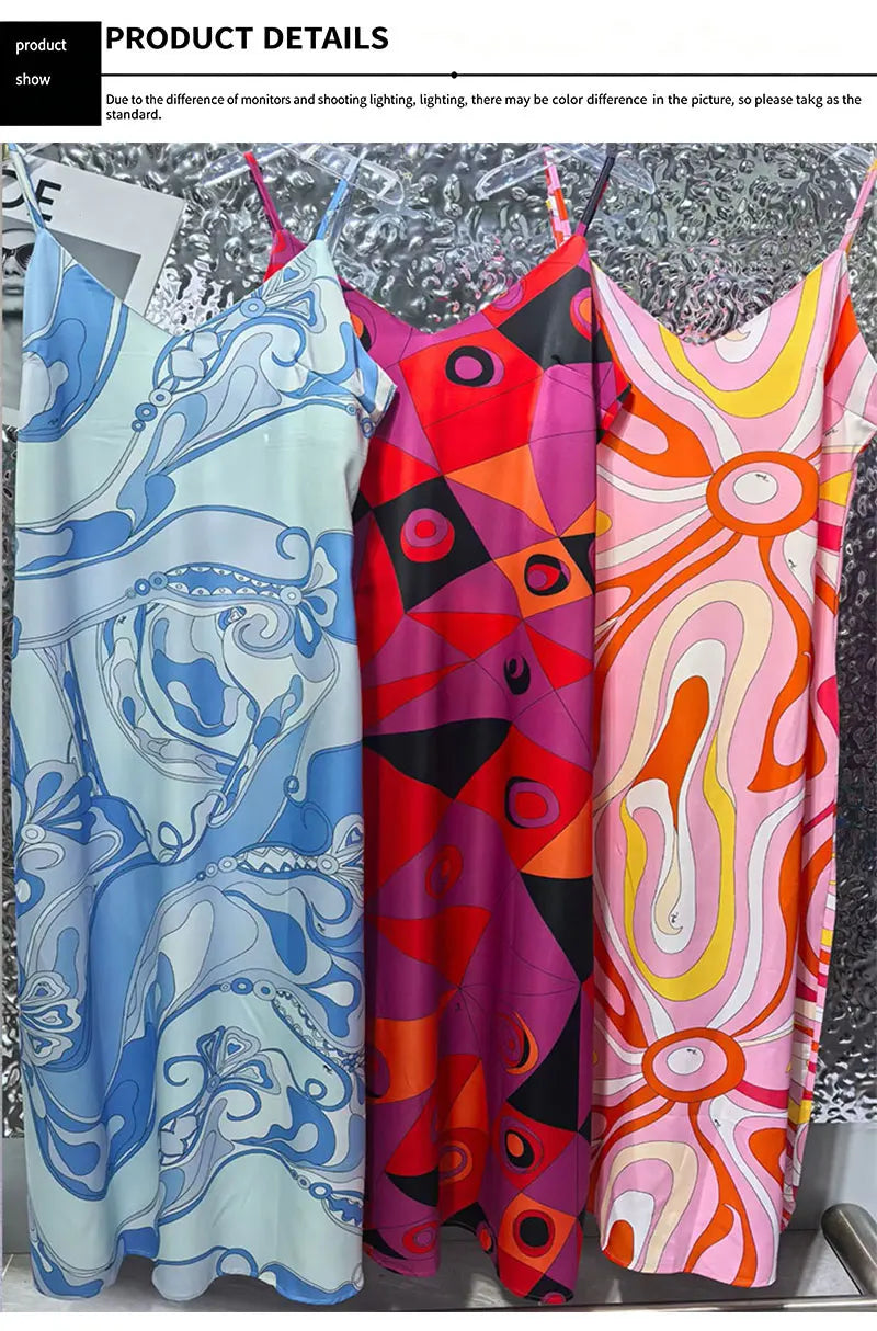 Sexy Summer Women's New Satin Elegant Dress V-Neck Thin Shoulder Strap Geometric Printing Suspenders Elegant Party Holiday Dress