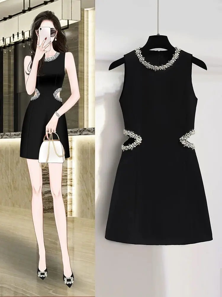 French Waistless Cut-out Celebrity Dress Temperament  Sleeveless High-end Waist Small Black Skirt with A Hollow Waist New Style