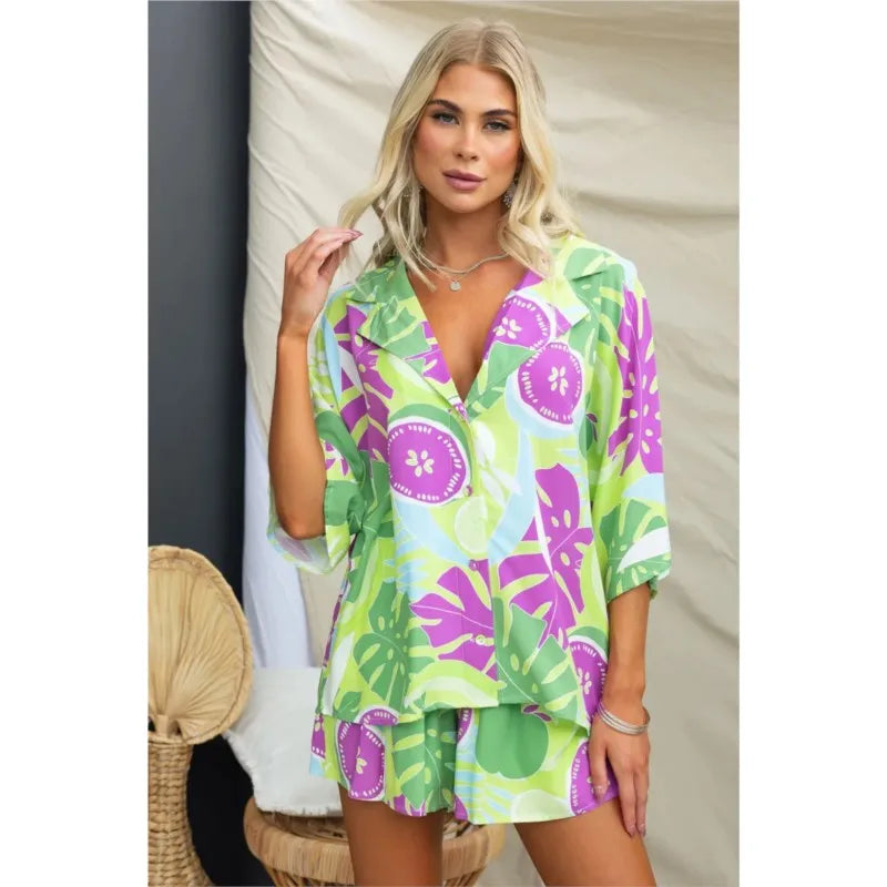 Retro Print Short Sleeve 2PCS Loose Suits