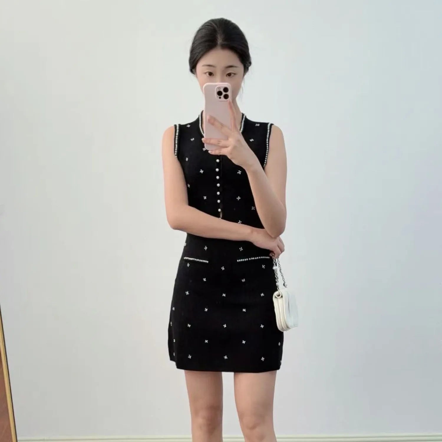 Sandro Summer New French Style Heavy Beaded Slim Fit Black Round Neck Sleeveless Top + Skirt
