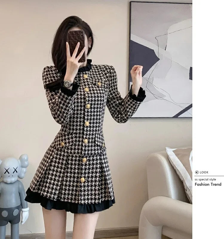 Elegance Tweed Style Waist-fitted Dress