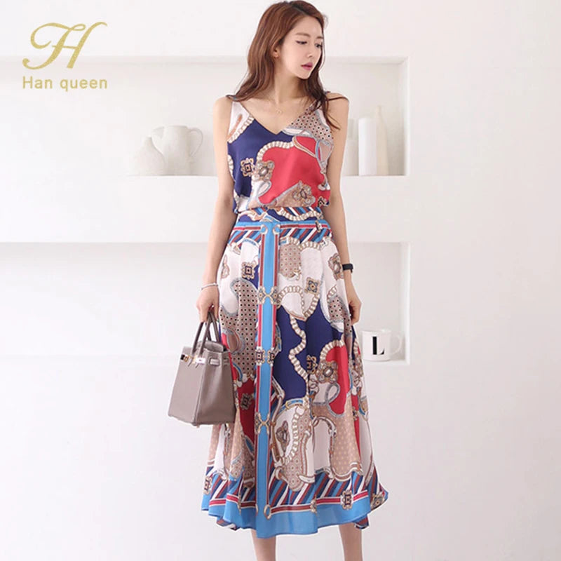 H Han Queen Hot Sale Summer Women Print Work 2 Pieces Set Camisole Top Blouses + Vintage A-Line Skirt Korean Simple Skirt Suit