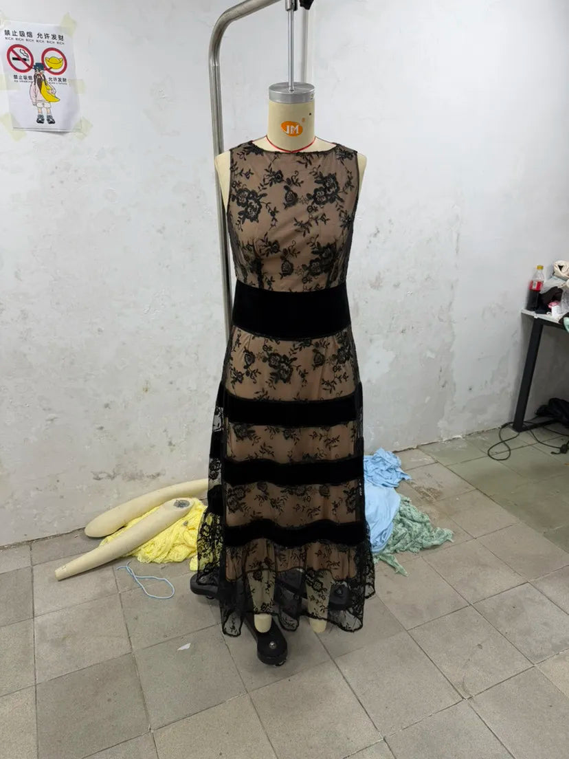 2026 Black Mesh Maxi Dress Women Sleeveless Flocking Jacquard Splicing Slim Dress Y2K Slim Fits High Waist Dress Vestidos