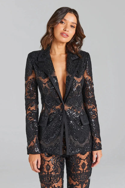 HIGH STREET Newest 2024 Designer Runway Suit Set Women's Single Button Guipure Lace Blazer  Flare Pants Set