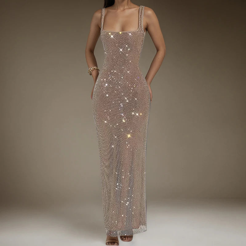 KUCLUT Fashion Shoulder Strap Sequin Mesh Diamond Suspender Dress For Women Temperament Evening Party Dresses Female 1A179