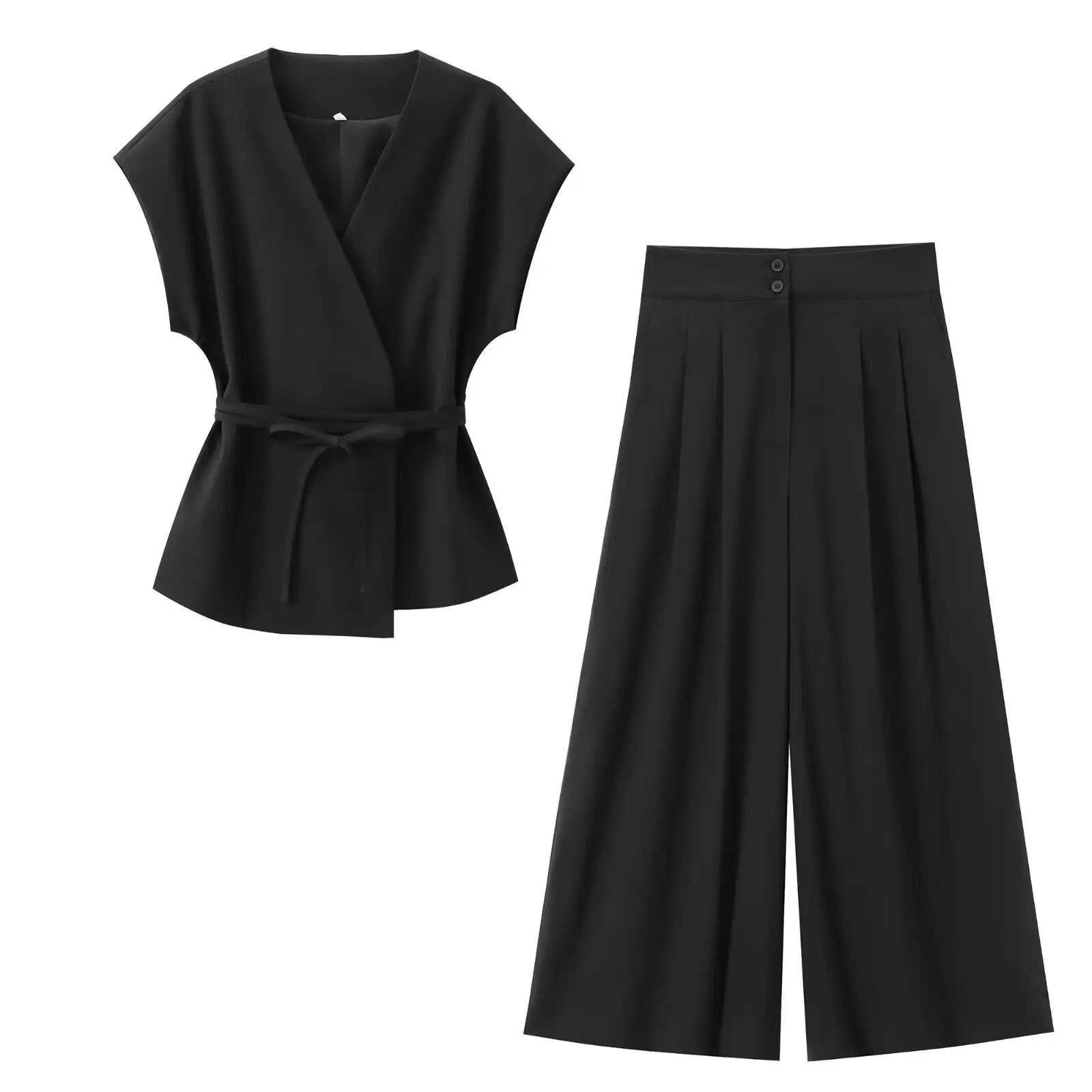 V-Neck Wrap Belted Pants Sets