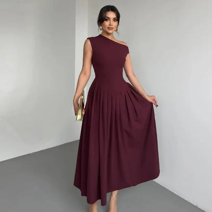 Elegant Wine Red Irregular Neck High Waist Pleated Hem