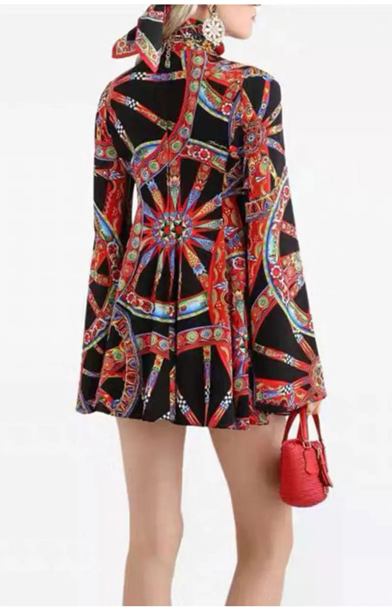 Retro Color Wheel Print High-Neck Long-Sleeve Slim Fit Mini Dress for Women Autumn Elastic Waist Holiday Banquet Temperament Dre - Shellss