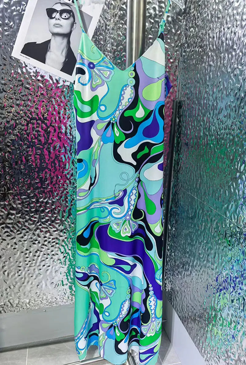 Sexy Summer Women's New Satin Elegant Dress V-Neck Thin Shoulder Strap Geometric Printing Suspenders Elegant Party Holiday Dress