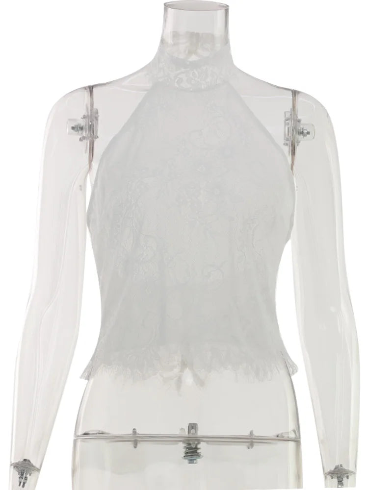 Huhugirl Short Tops T-Shirts Tees Sleeveless Lace Patchwork Sheer Sexy Fashion Solid Slim Backless Halter Street Style For Women