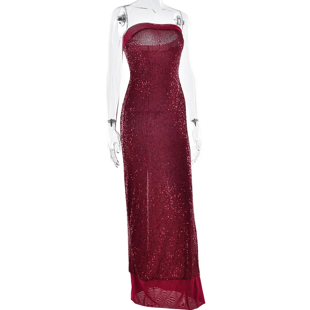 TWOTWINSTYLE Solid Slimming Fashion Dresses for Women Strapless Sleeveless Patchwork Sequins Midi Split Dress Female Clothing