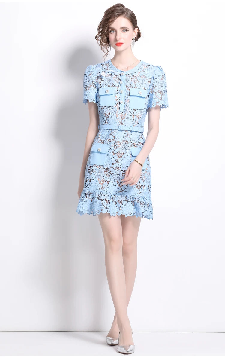 Summer Blue Floral Lace Mini dress