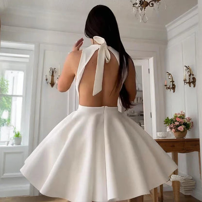 White Mini Waist clinching Pleated Dress