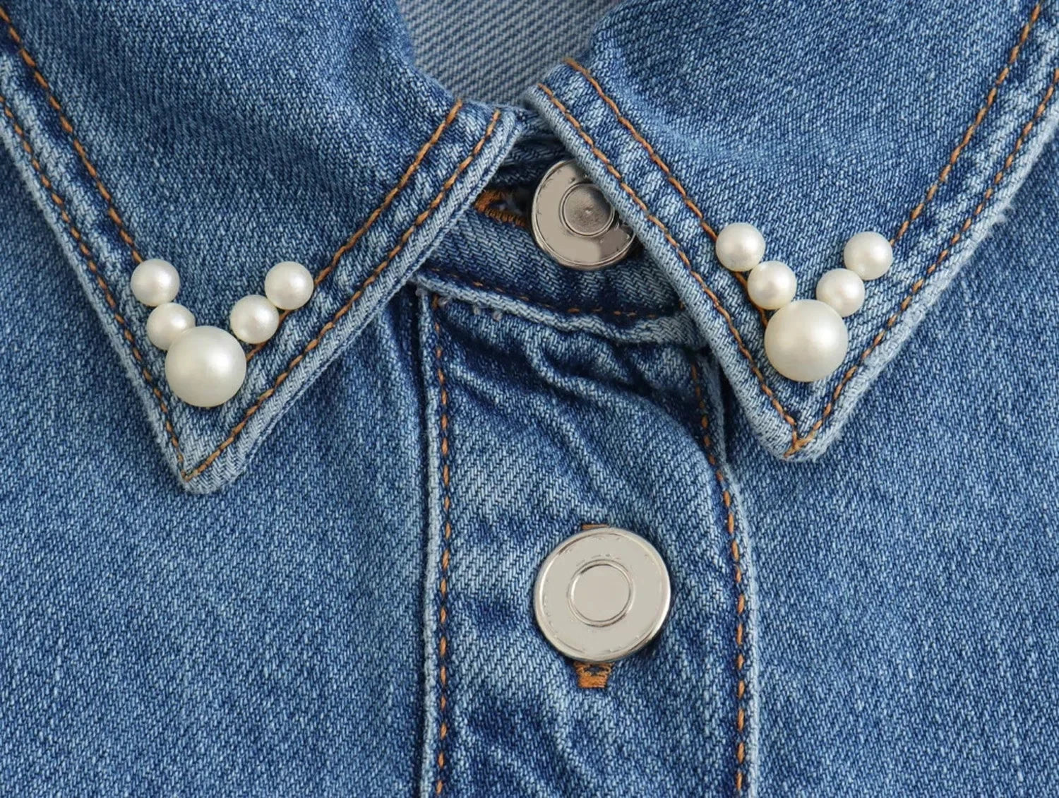 HH Herbst Damen Denim Freizeithemd Mode Kunstperlen Lose Blusen Button Down Langarm Jeansjacke Vielseitiges Oberteil