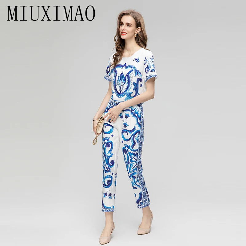 Sicily Set blue and white porcelain Print Top+ Pants Two-piece  Dolce