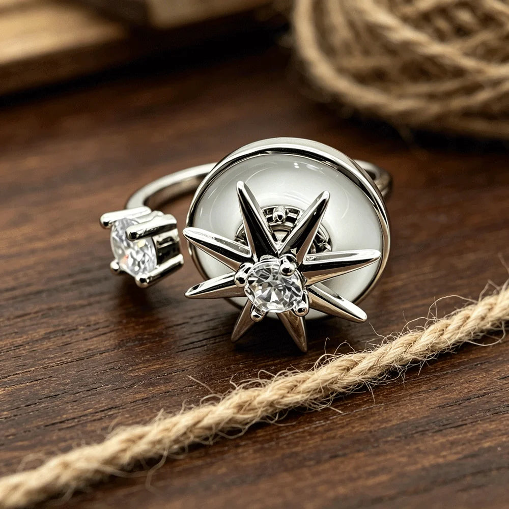 Two-Tone Gold Silver Tone Rotatable Starburst Enamel CZ Adjustable Ring Women Luxe Wedding Sparkling Elegant Daily Wear Jewelry
