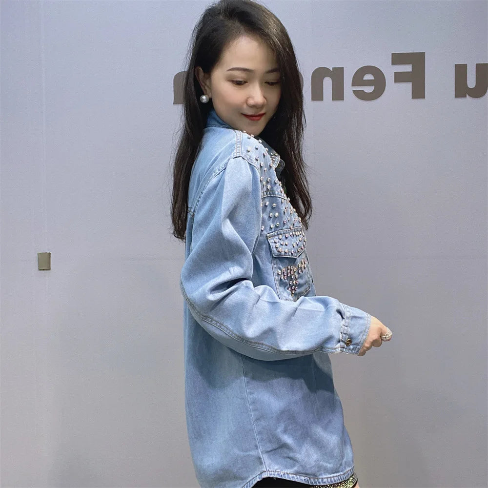 Diamonds Beaded Denim Shirts Rhinestones - Shellss