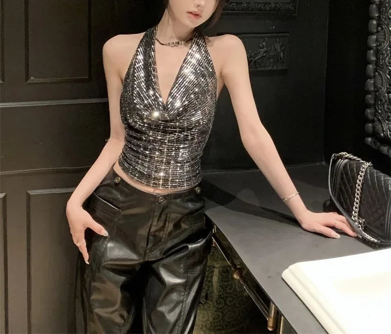 Shiny Sequin Halter Neck Crop Top Sparkly