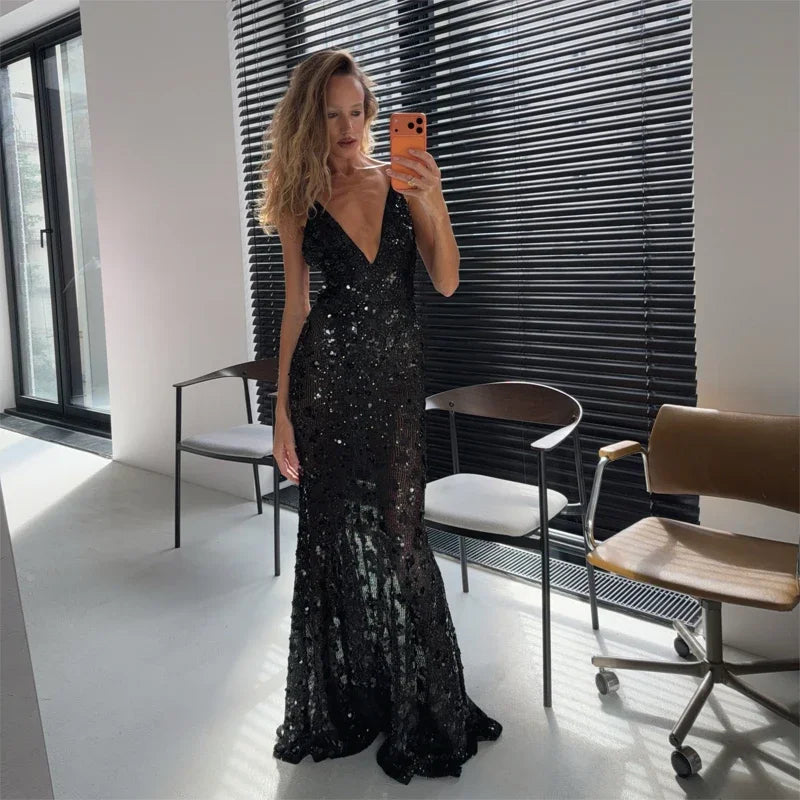 Sequin Deep V-neck Long Dress Women Chic Sleeveless Spaghetti Strap Backless Mermaid Robes Lady Sexy Evening New Party Dresses