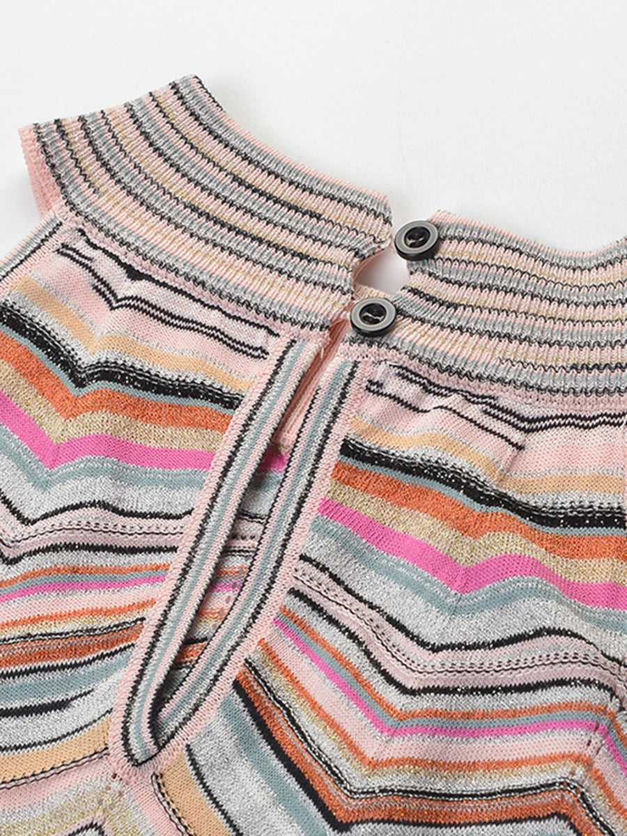 VGH Chic Multicolor Chevron Striped Knit Maxi Dress for Women Halter Sleeveless High Neck Keyhole Back Button Closure Bodycon