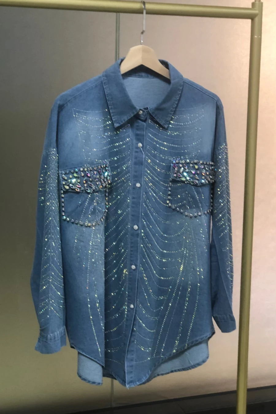 New In Autumn Sparkle Diamonds Mid-length Denim Shirts & Blouses For Women's Fashion Trend 2024   Tops Blusas Woman Clothes