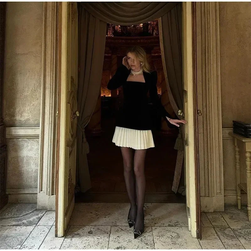 Pleated Velvet Black Fashion Mini Dress Elegant Square Neck Shoulder Contrasting Hem Midi Dresses Lady Evening Party Vestido
