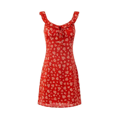 French Vintage Red Floral Print Dress