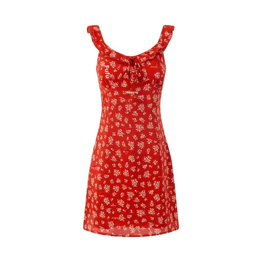 French Vintage Red Floral Print Dress