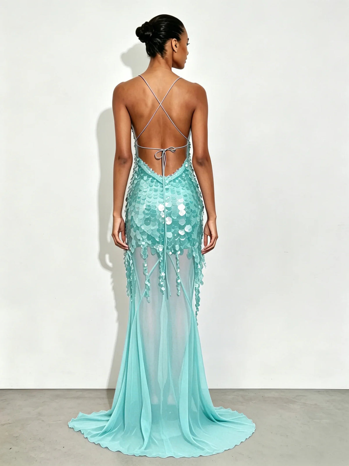 New Summer Sequins Patchwork Mesh Slim Long Dress Women Casual Vacation Dress Sexy Suspender V Neck Backless Evening Dress