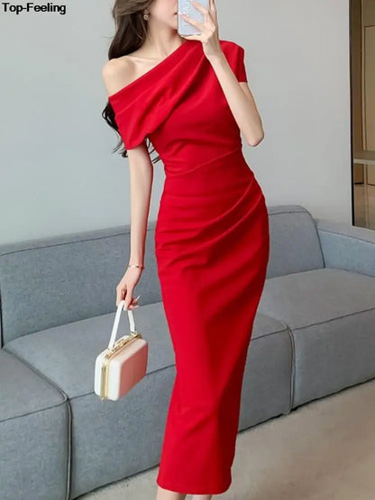 Elegant Off Shoulder Evening Party Dresses ONE SHOULDER DROP SHOULDER red