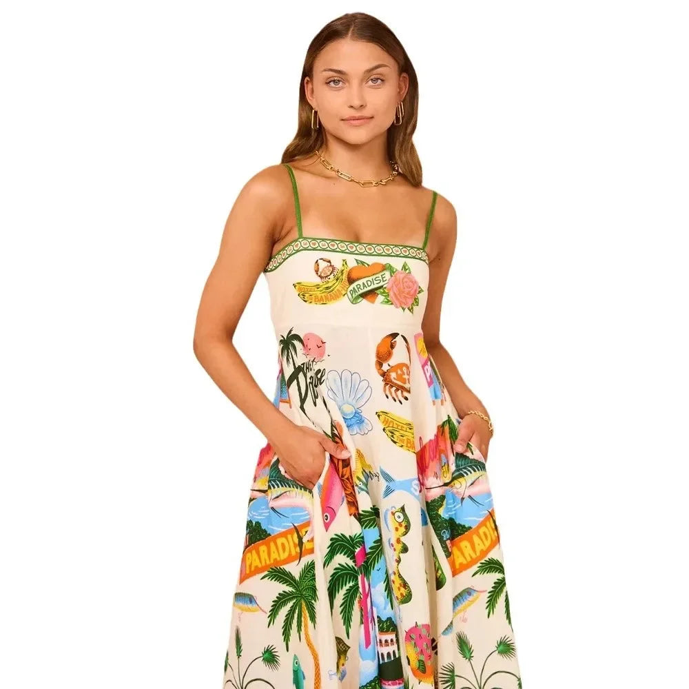 Paradise Graffiti Print Linen Dress