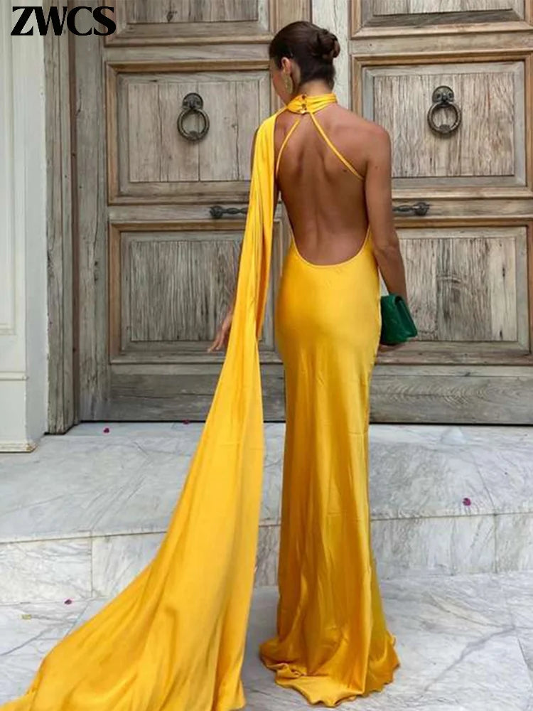 Elegant Satin Ribbons Halter Party Dress