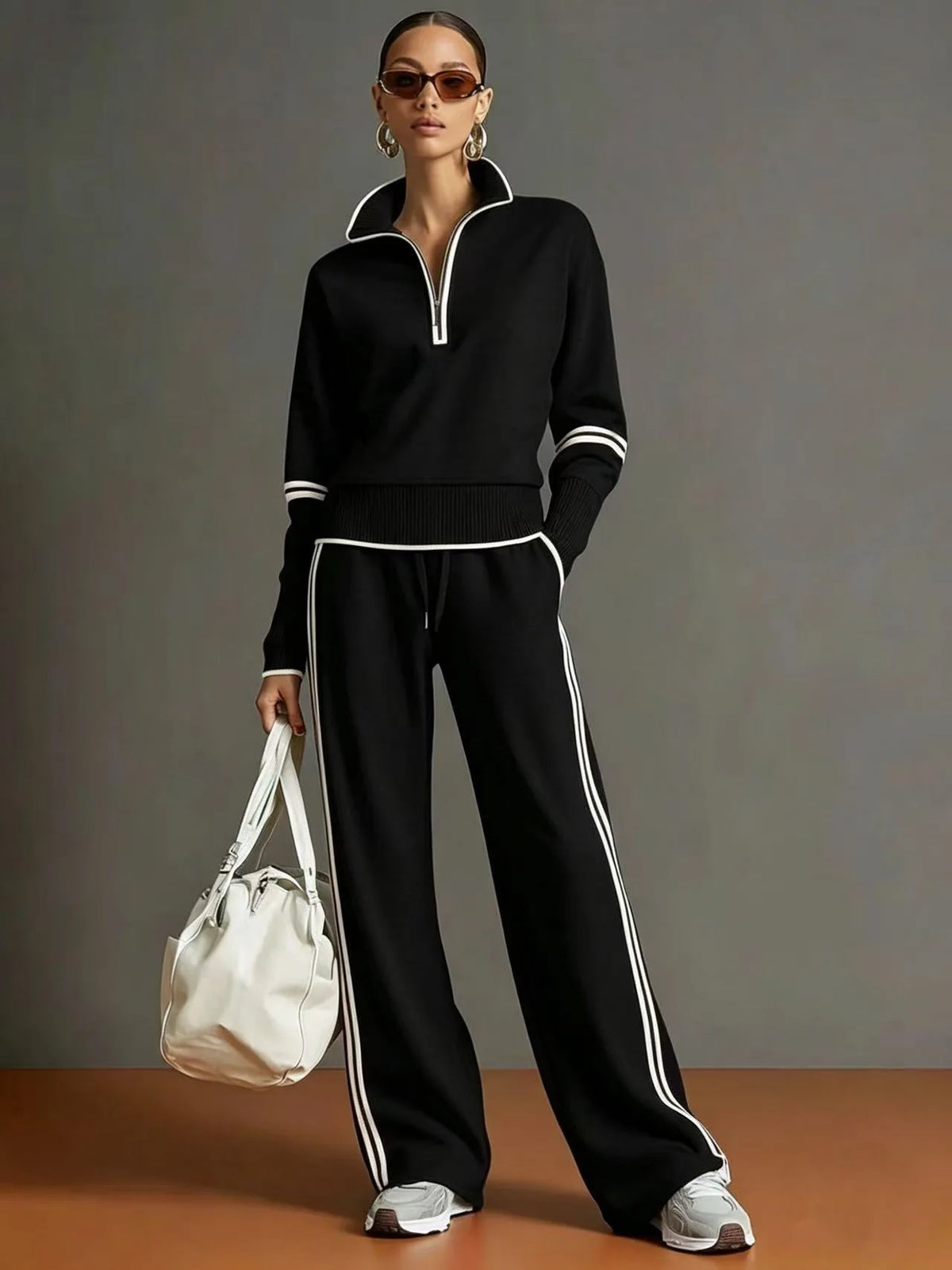 Women European Style Half Zip Knit 2 Piece Outfit Stand Collar Long Sleeve Sweater Drawstring Wide Leg Pants Matching Set Casual