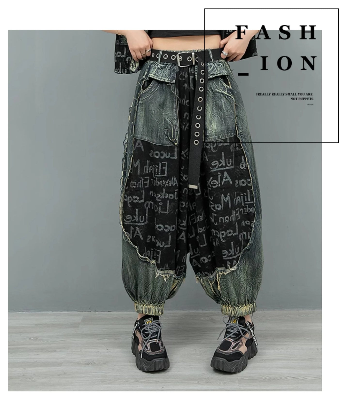 Letter Printed Denim Jacket + Lantern Pants 2 piece set