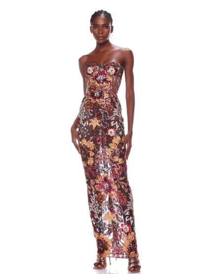 Sexy Strapless Floral Sequin Long Dress